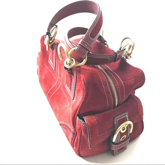 Vintage Coach Red/Burgundy Suede Hobo Bag with Gold Accents - Picture 4 of 7